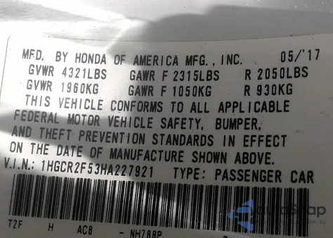 2017 Honda Accord Sport from USA, damaged, VIN 1HGCR2F53HA227921